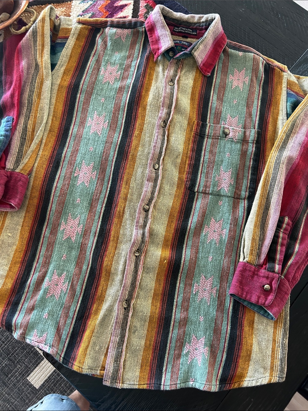Vintage-Inspired Multicolor Cotton Long Sleeve Striped Button-Up Shirt Large